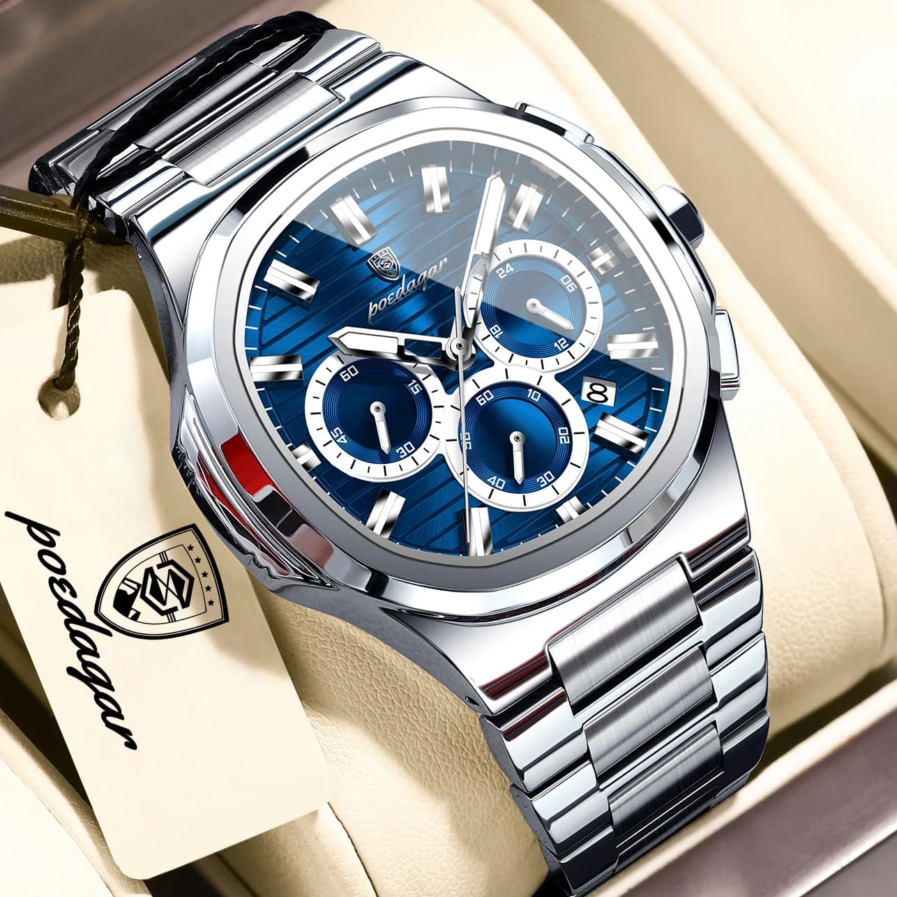 Orologio da uomo POEDAGAR, cronografo con data, impermeabile, luminoso, di lusso, in acciaio inossidabile, al quarzo, alla moda.
