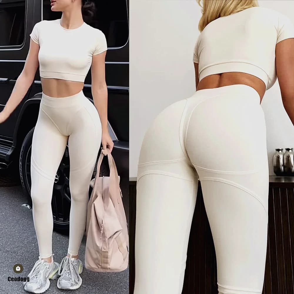 2Pcs Short Sleeve Shirt Crop Tops Yoga Set Gym Triangle Sport Legging Women Quick-Drying Clothing Workout Pant Active Wear XP92