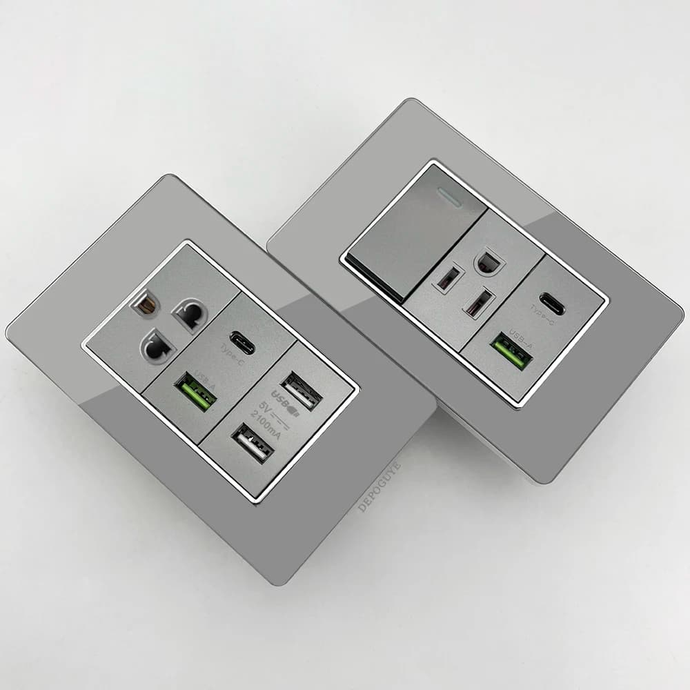 20 W Grey Tempered Glass USB Type C Quick Charging Wall Grip, Mexican Double Thai USB Power Switch