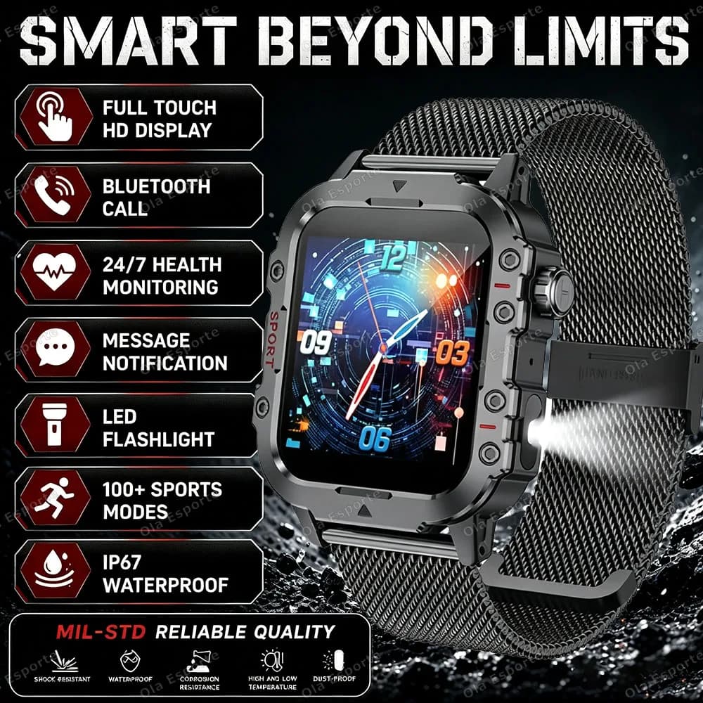 New Military Smart Watch Men Flashlight 3ATM Waterproof Watches Health Monitor Bluetooth Call 100+Sport Outdoor Smartwatch HW12