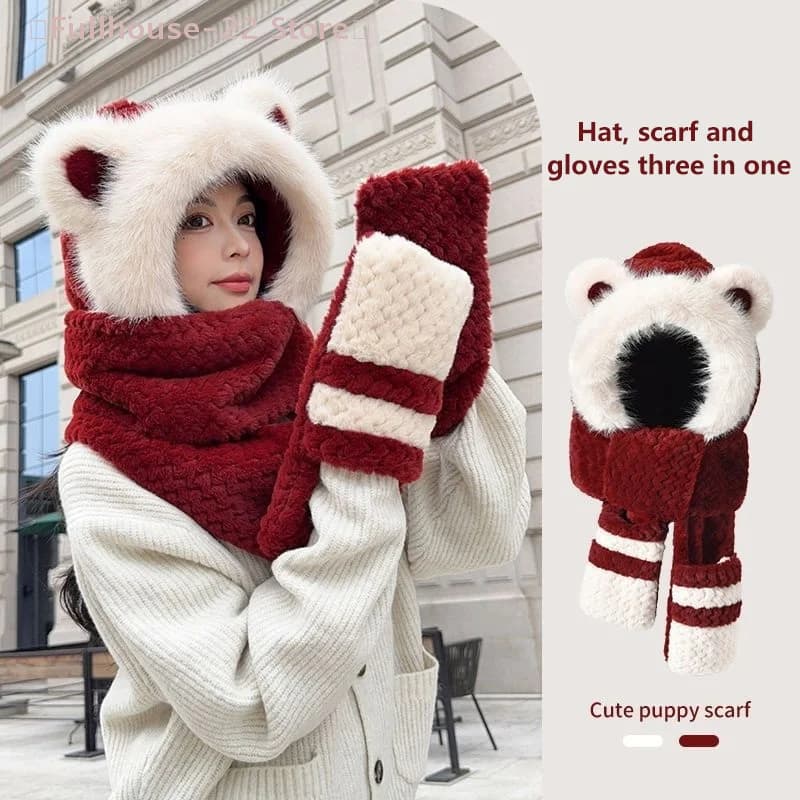 【MAX-22】Cappello in peluche caldo e resistente al freddo, sciarpa, guanti e paraorecchie quattro in uno, protezione per le orecchie ispessita per l'inverno, per ciclismo