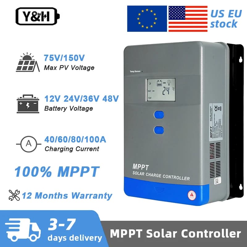 Y&H 40A 60A 80A 100A Regolatore di carica solare MPPT reale 12V 24V 36V 48V con display LCD Regolatore solare per piombo-acido/litio