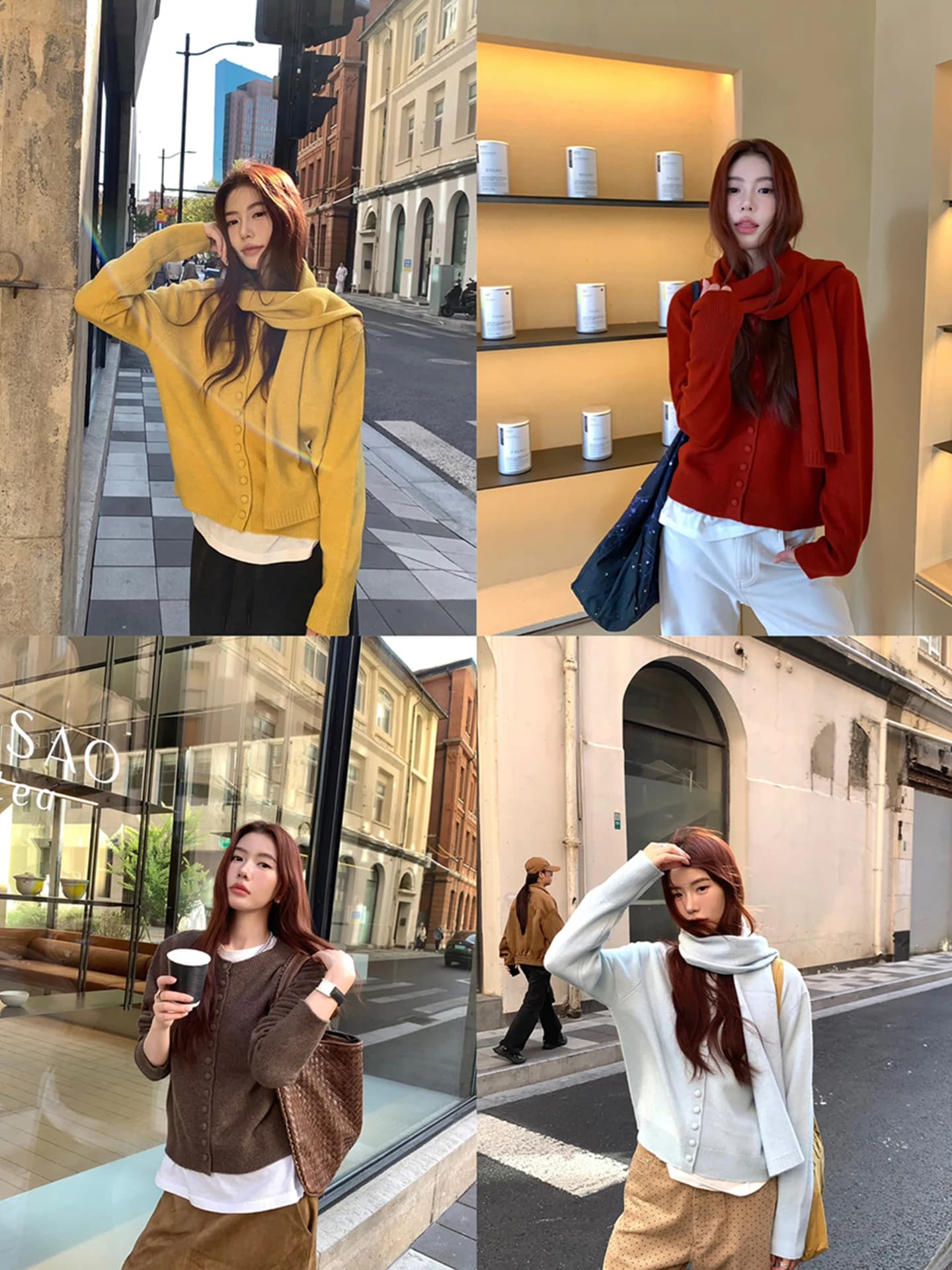 Cardigan and Scarf Set in Pure Wool, Round Neck Casual Sweater, Versatile Knitwear, Women's Coat with Buttons