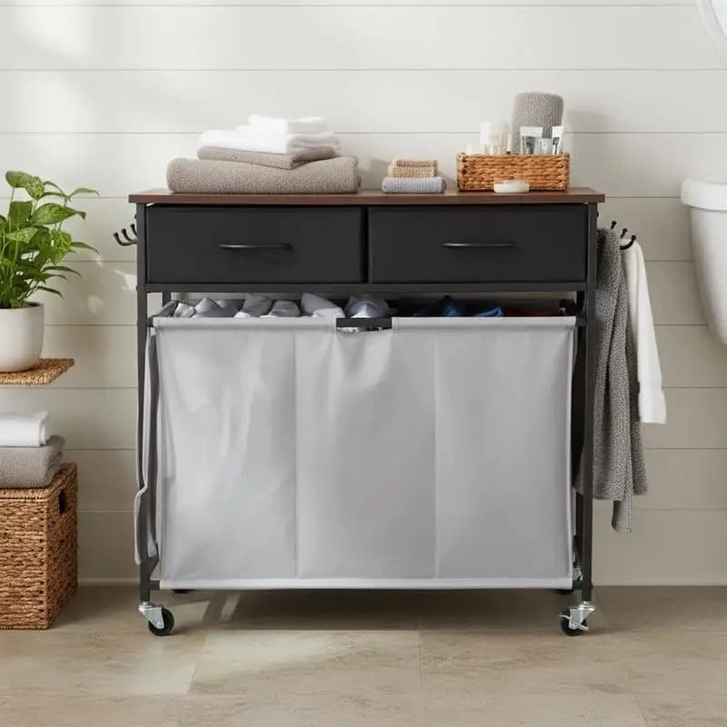 Organizzatore per Vestiti Sporchi a 3 Scomparti 73x33x71 cm per Lavanderia, Bagno, Camera da Letto, 2 Cassetti Contenitori, Ganci Appendiabiti, Sacchi in Tessuto Estraibili, Ruote Rimovibili, Superficie Superiore in Legno