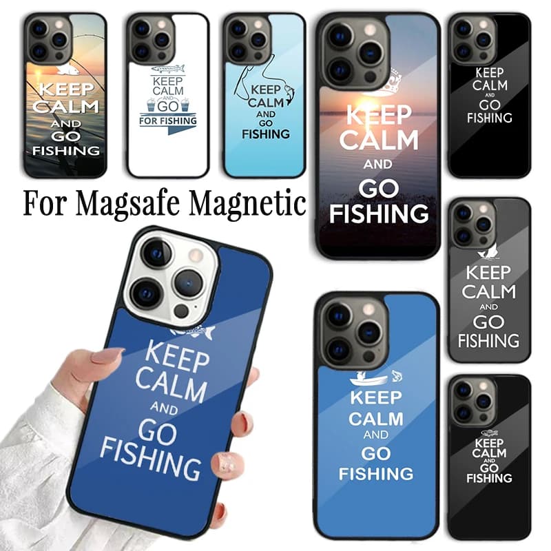 Cover per iPhone 'Keep Calm and Go Fishing' per iPhone 17 AIR 16 15 14 13 12 11 Pro Max Plus, custodia magnetica wireless Magsafe