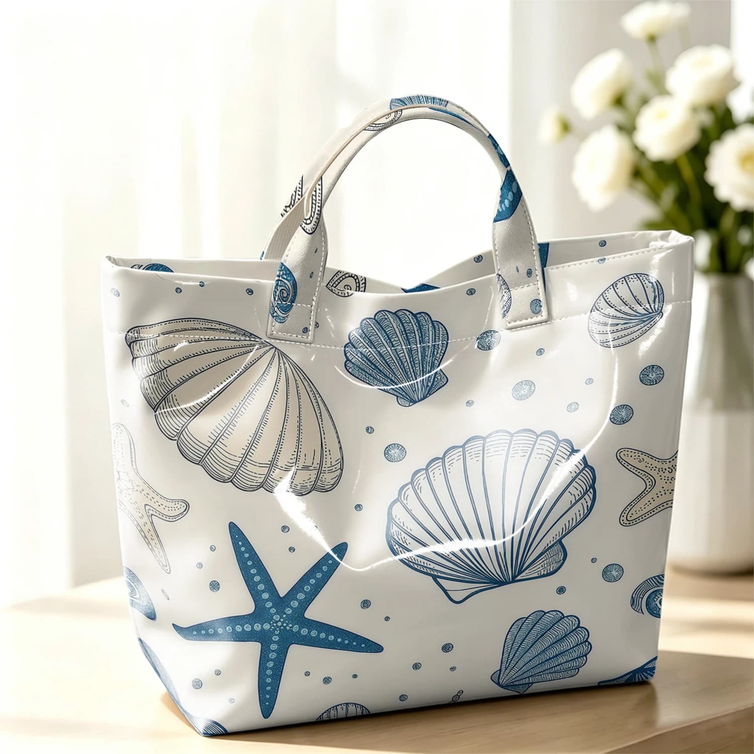 Nautical Shells & Stars Hot Sale Large Glossy PVC Tote Bag Hand Washable Waterproof for Travel Commute Makeup Storage Handbags