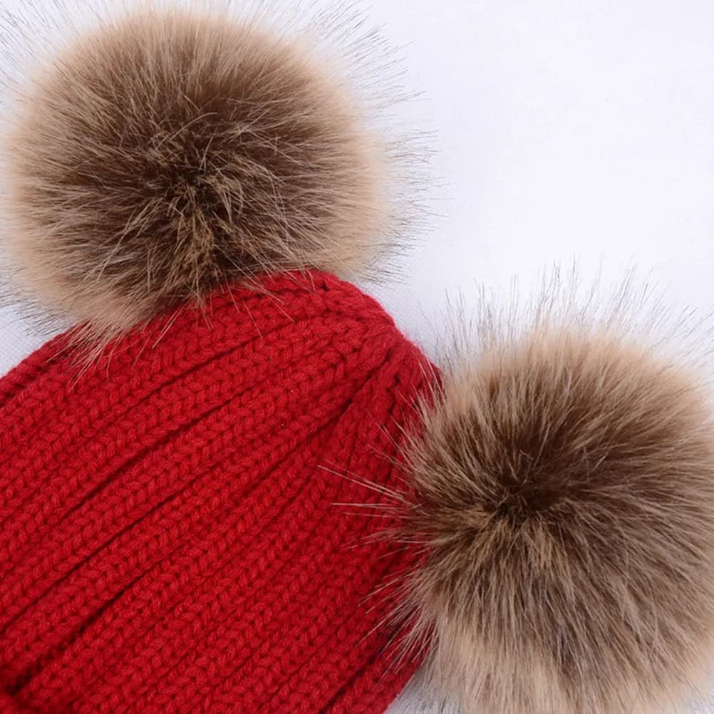 Women Knitting Beanie with Two Pom Poms Winter Warm Knit Hat Thick Chunky Design Wine Red Stylish Cold Weather Beanie for Women