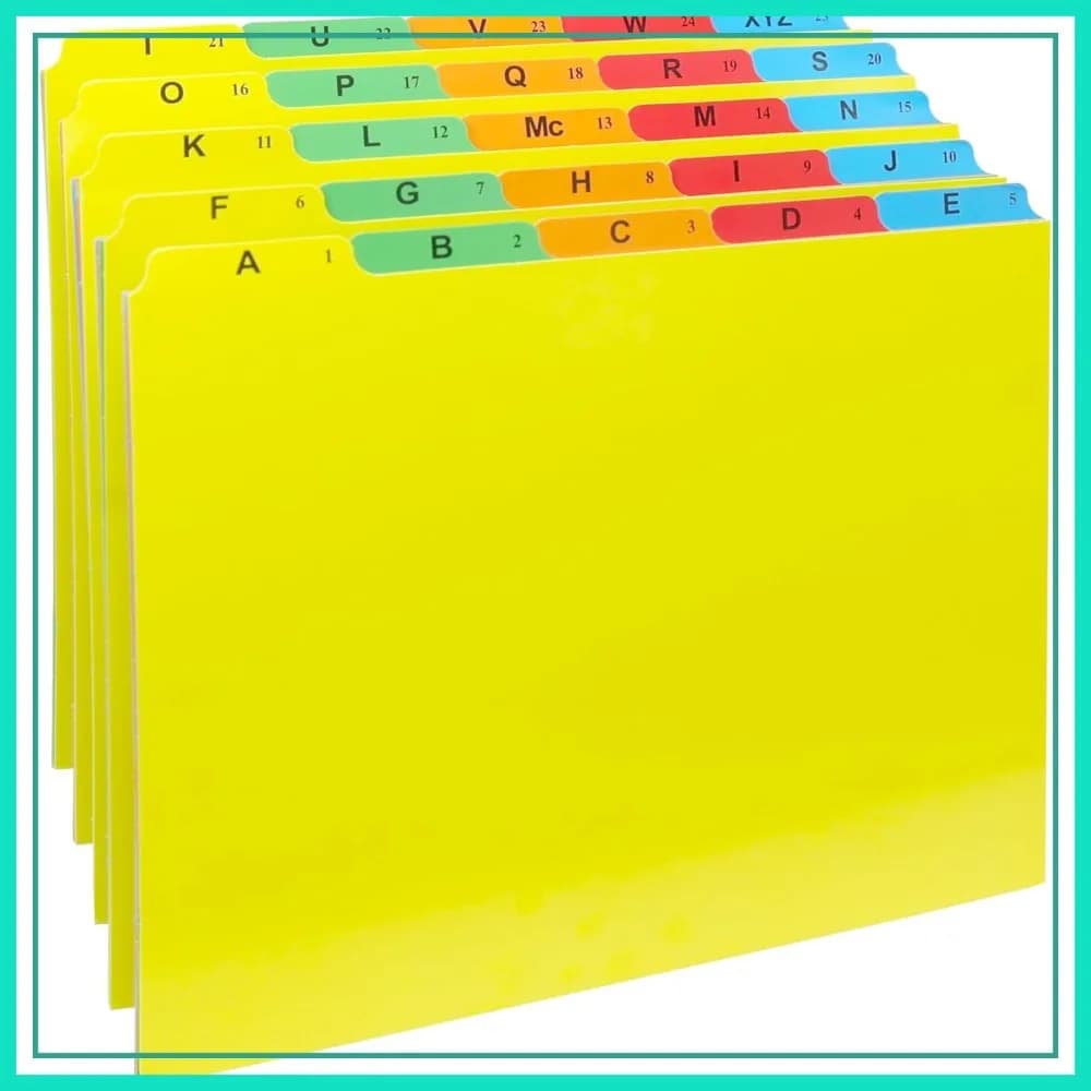 Divisori Alfabetici A-Z per Cartelle Appendibili, 5 Linguette Codificate a Colori, Formato Lettera 1/5, Organizzatori per Ufficio Resistenti