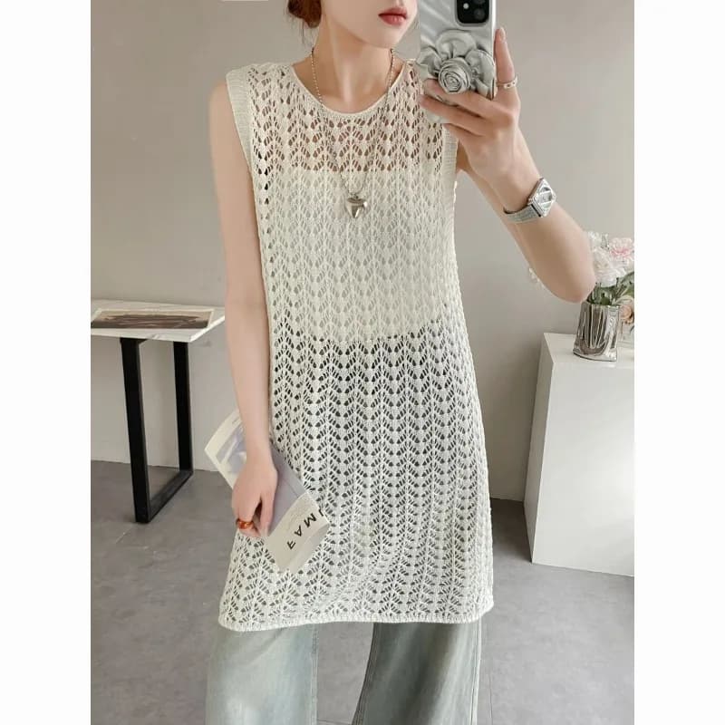 Women's Knitted Tank Top Dress Sexy Sleeveless Beachwear Solid Hollow Out Vacation Style Tops Simple Sleeveless Mid-length Tees