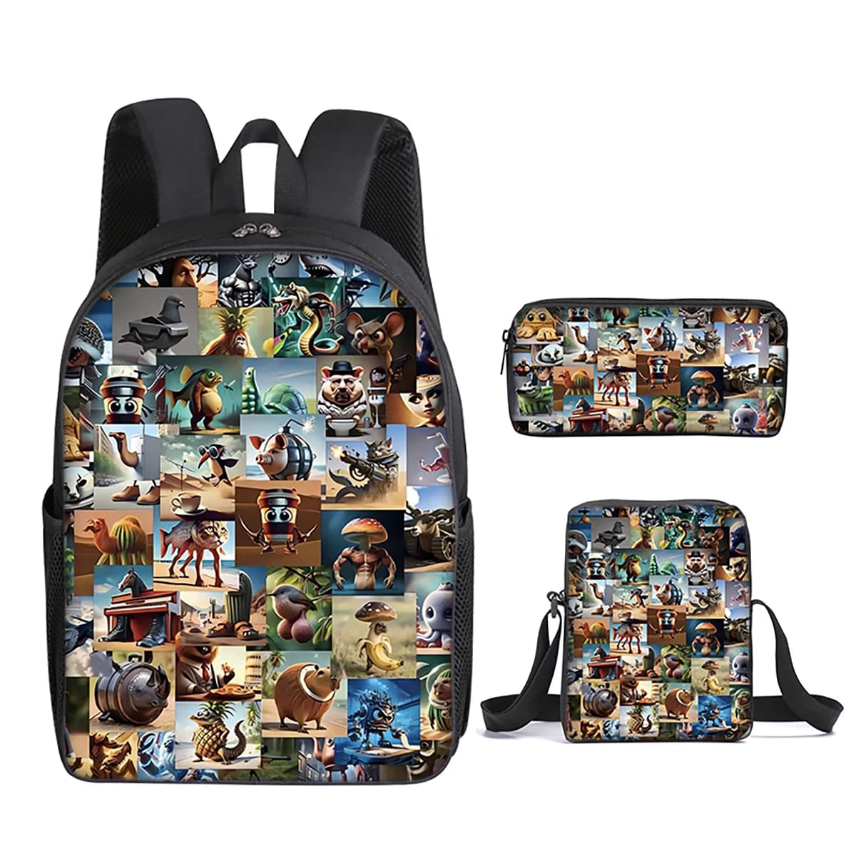 Set di 3 Pezzi Italian Brainrot: Zaino con Borsa a Tracolla e Astuccio per Ragazzi/Ragazze, Miglior Regalo, Borse Scolastiche 2D Piatte con Cartoni Animati