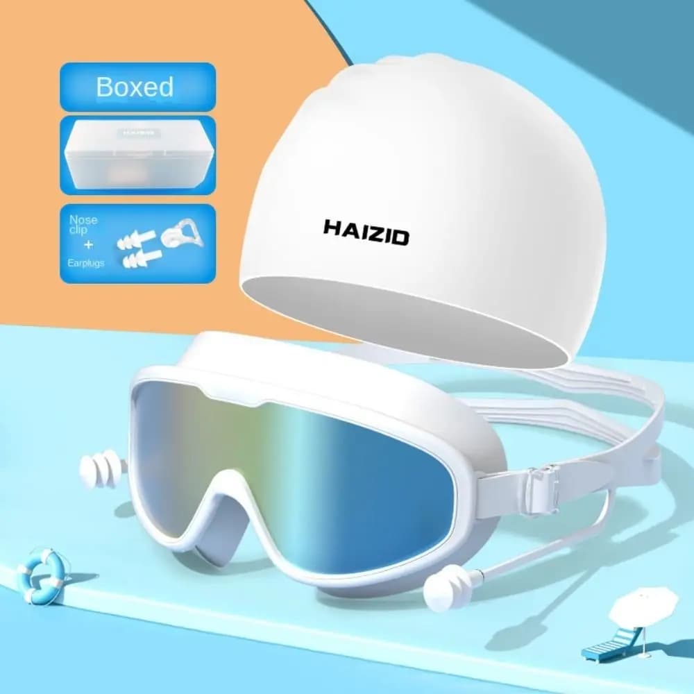 1 Set Waterproof Swimming Goggles Cap Earplug Set HD Anti-fog Diving Swim Cap Earplug Set Silicone Printed