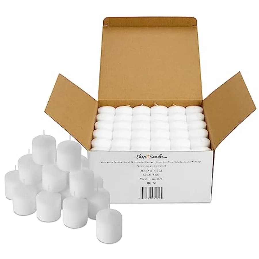 Confezione da 72 Candele Votive Bianche - Scatola da 72 Candele Senza Profumo - Durata 15 Ore - per Matrimoni, Ristoranti, Feste