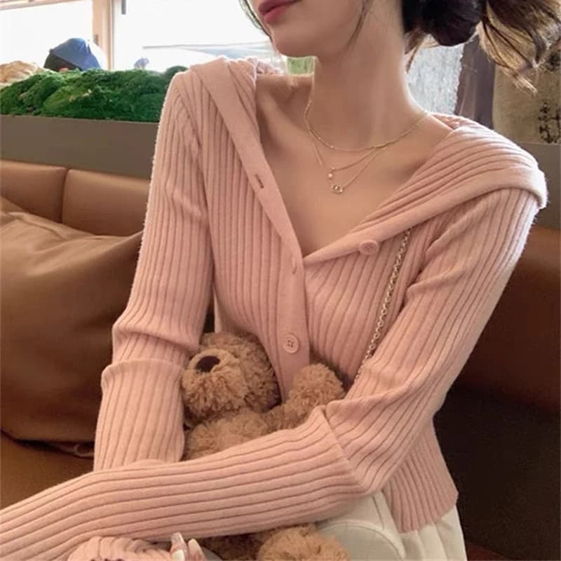Cardigan corto con cappuccio in maglia a costine per donna Giacca maglione corta con bottoni sul davanti a maniche lunghe per ragazza adolescente Gen Z Y2K Outfit
