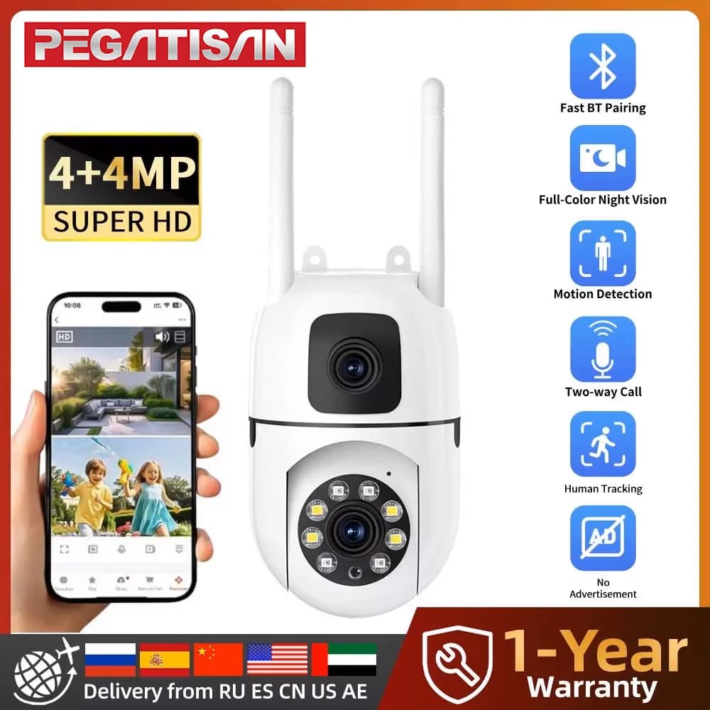 Telecamera di Sorveglianza PTZ WiFi HD 8MP per Esterni, 4K con Doppia Lente e Doppio Schermo, Rilevamento Umano, Telecamera di Sicurezza IP CCTV
