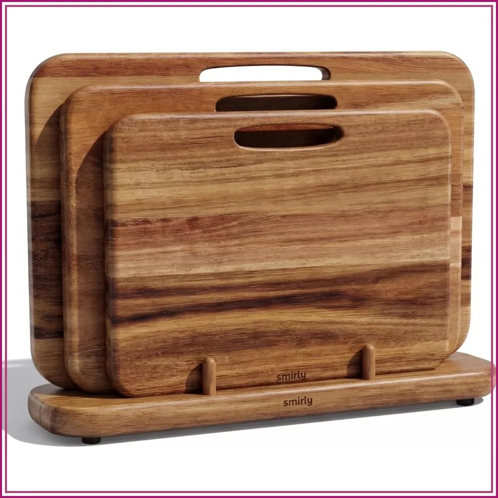 Set di Taglieri in Legno di Acacia a Doppio Lato con Supporto, 3 Pezzi Resistenti Non Tossici per Carne, Verdura e Frutta