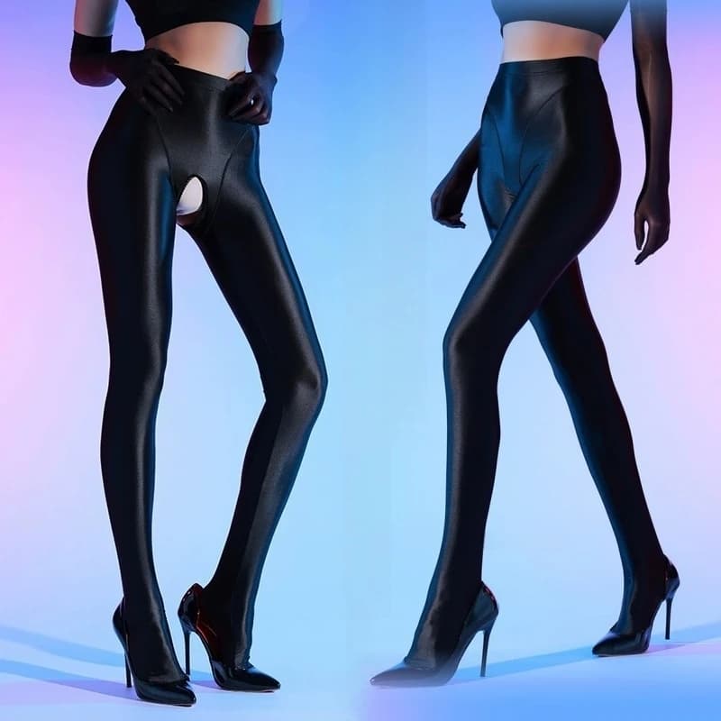 Pantaloni a matita in raso lucido 80D Plus Size Triangolo Cavallo modellante Collant Donna Yoga Leggings sportivi Hot Pole Dance Clubwear