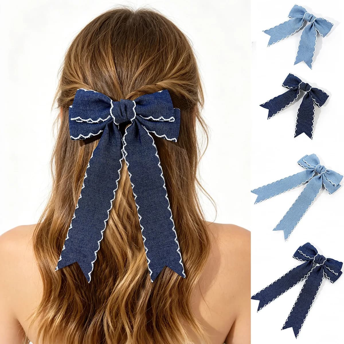 30pc Denim Blue Fabric Hairgrips Long Tassel Frill Edge Locked Side Clips for Women Girls Kid Headwear Hair Accessories Bulk