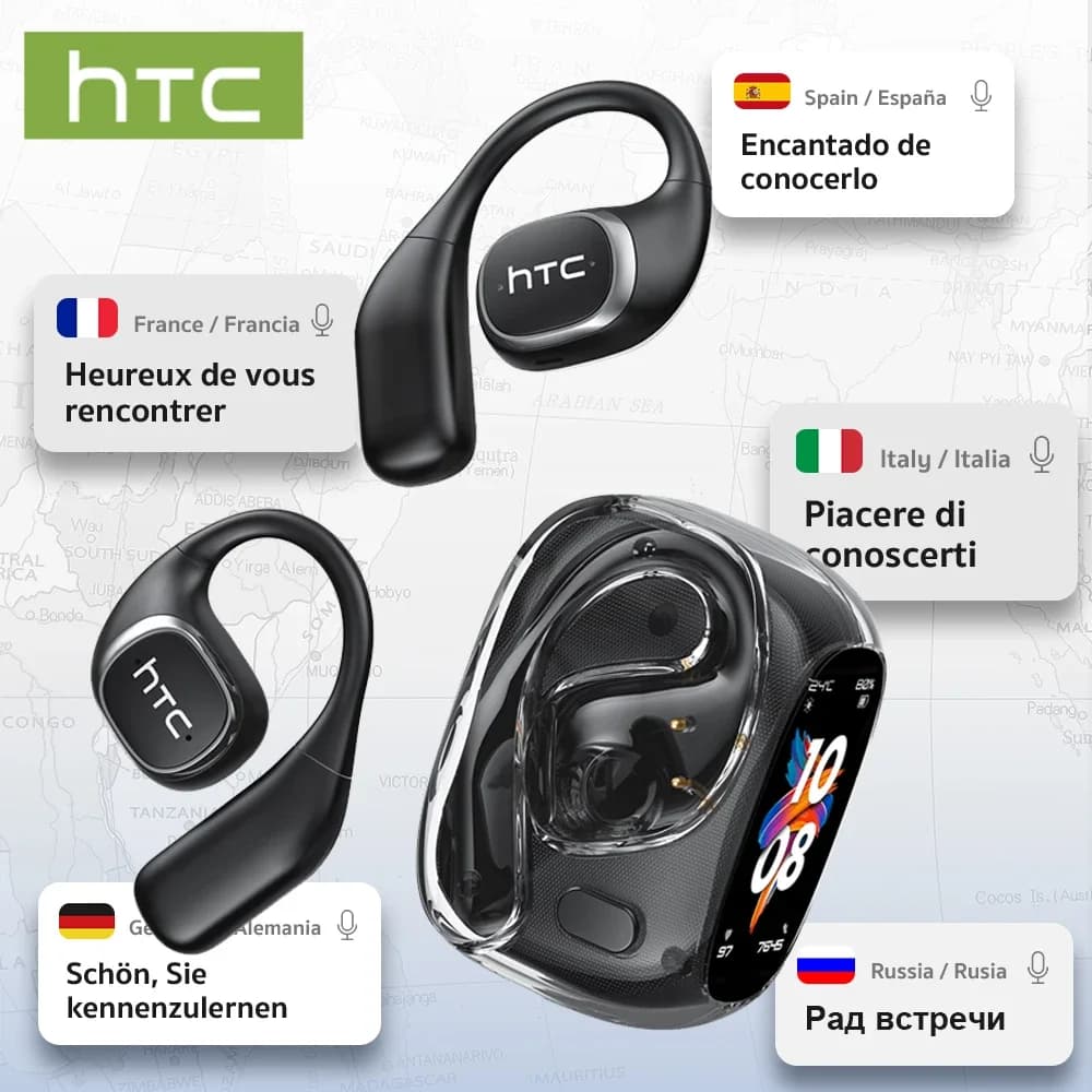 HTC NE11 Earphones Bluetooth V6.0 AI Translator Earbuds Open-Ear Noise Reduction OWS Sports Wireless Headphones LCD Touch Screen