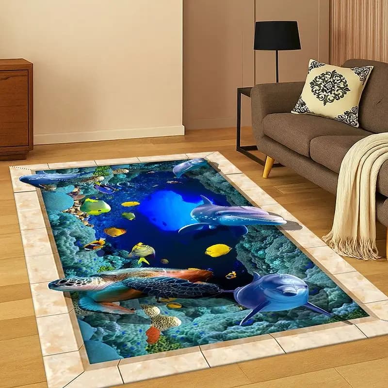 3D Illusion Underwater World Marine Life Shark Dolphin Cartoon Carpet Rug for Bedroom Living Room Sofa Doormat kids Non-slip