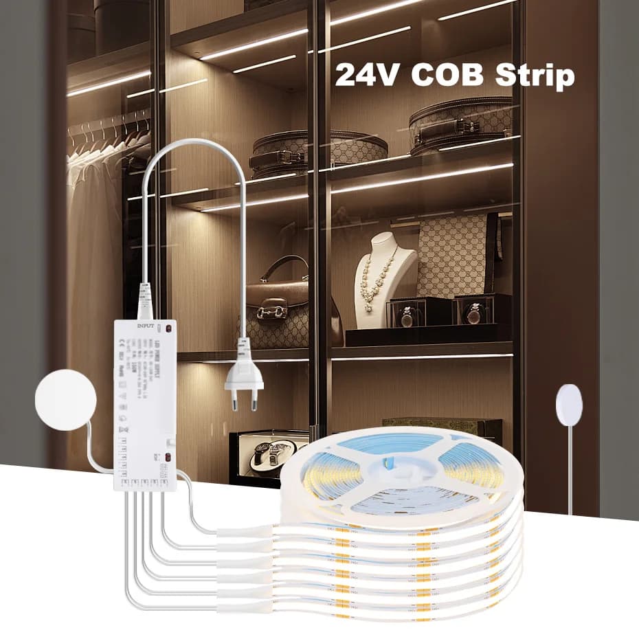 Striscia LED COB 24V con spina EU/US/AU/UK Interruttore dimmer tattile Supporto adesivo per armadi Scaffale Armadio Illuminazione cucina 1-6 pezzi
