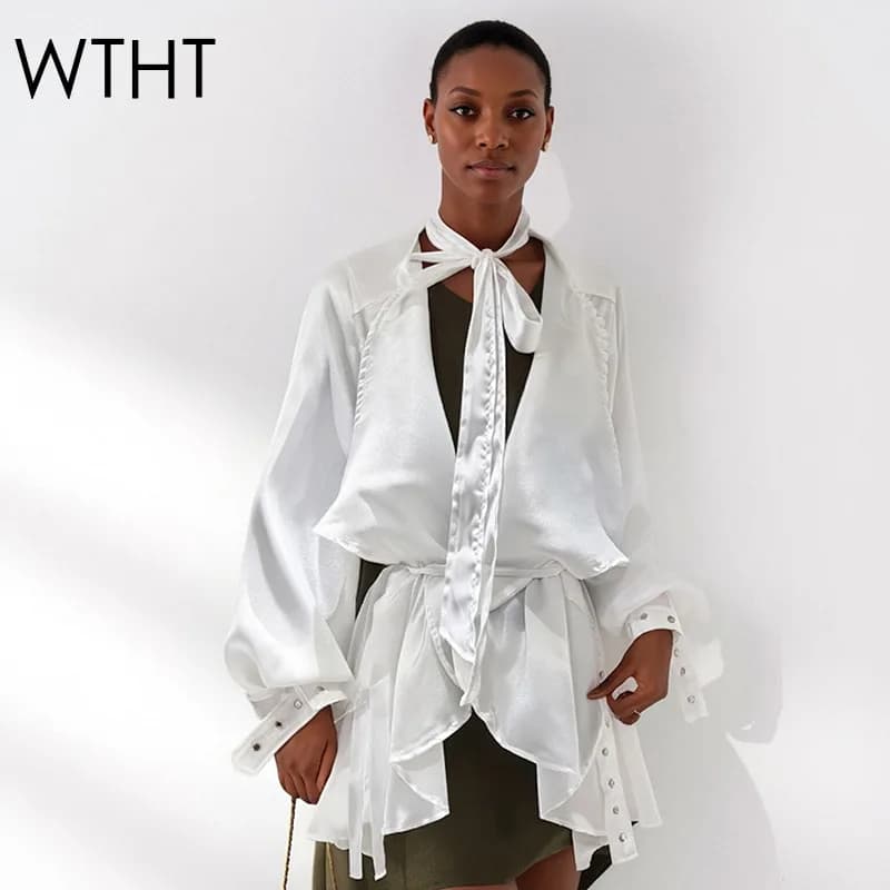 WTHT Camicetta da Donna Trendy Stile Francese con Fiocchi e Design a Fascia in Chiffon, Collo a V, Manica Lunga, Moda Primavera 2026, 1LS2967