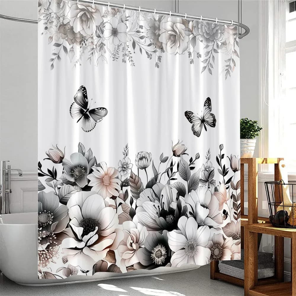 Butterfly Floral Shower Curtain Rose Flowers Plant Botanical Bathroom Decor Elegant Polyester Fabric Bath Curtain with Hook