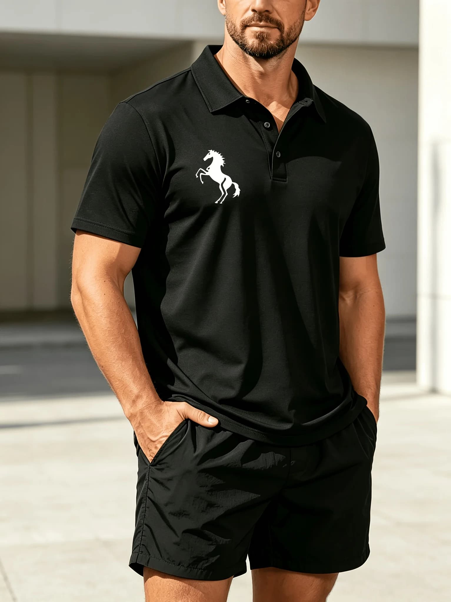 White Horse Silhouet Men'S Summer 2PCS Print Polo Shirt & Short Sports Set Casual Outfit, Featuring a Short-Sleeve Collar Design And Pocketed Shorts, Perfect for Outdoor Leisure Beach Relaxation