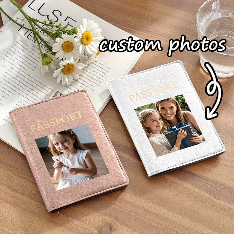 DIY Photo Custom - Personalized Passport Holder with Airplane Design, Travel Wallet with Card Slot - Unique Gift for Men, Women