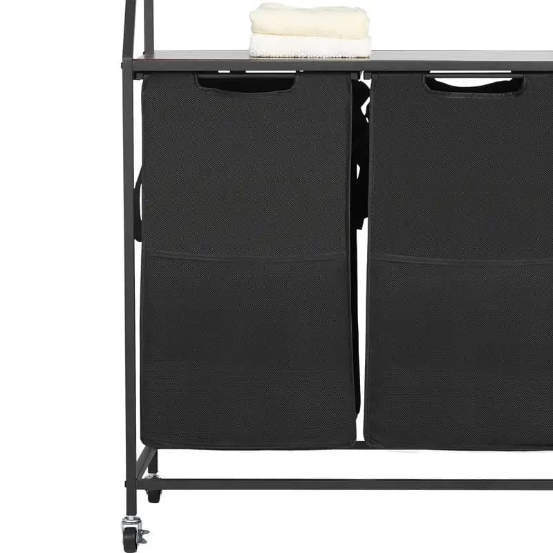 Multi-Layer Washing Bin 28x13x67 Inches For Laundry Room Bathroom Bedroom Double Section Rolling Cart Storage Rack Wooden Top Ladder Shelves Oxford Cloth Bags