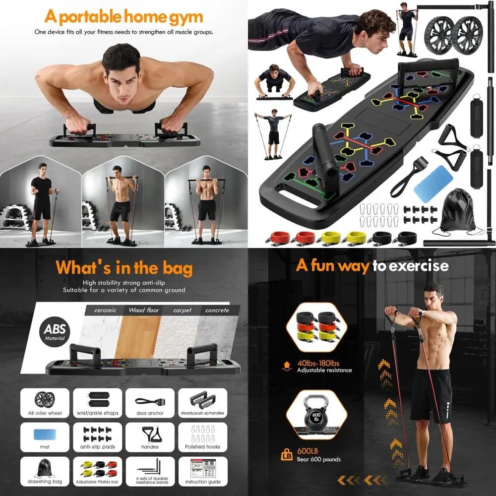 Portable Gym Set: Flession Table, Pilates Bar, Abdominal Roller and 20 Stage Elastic for Total Body Training