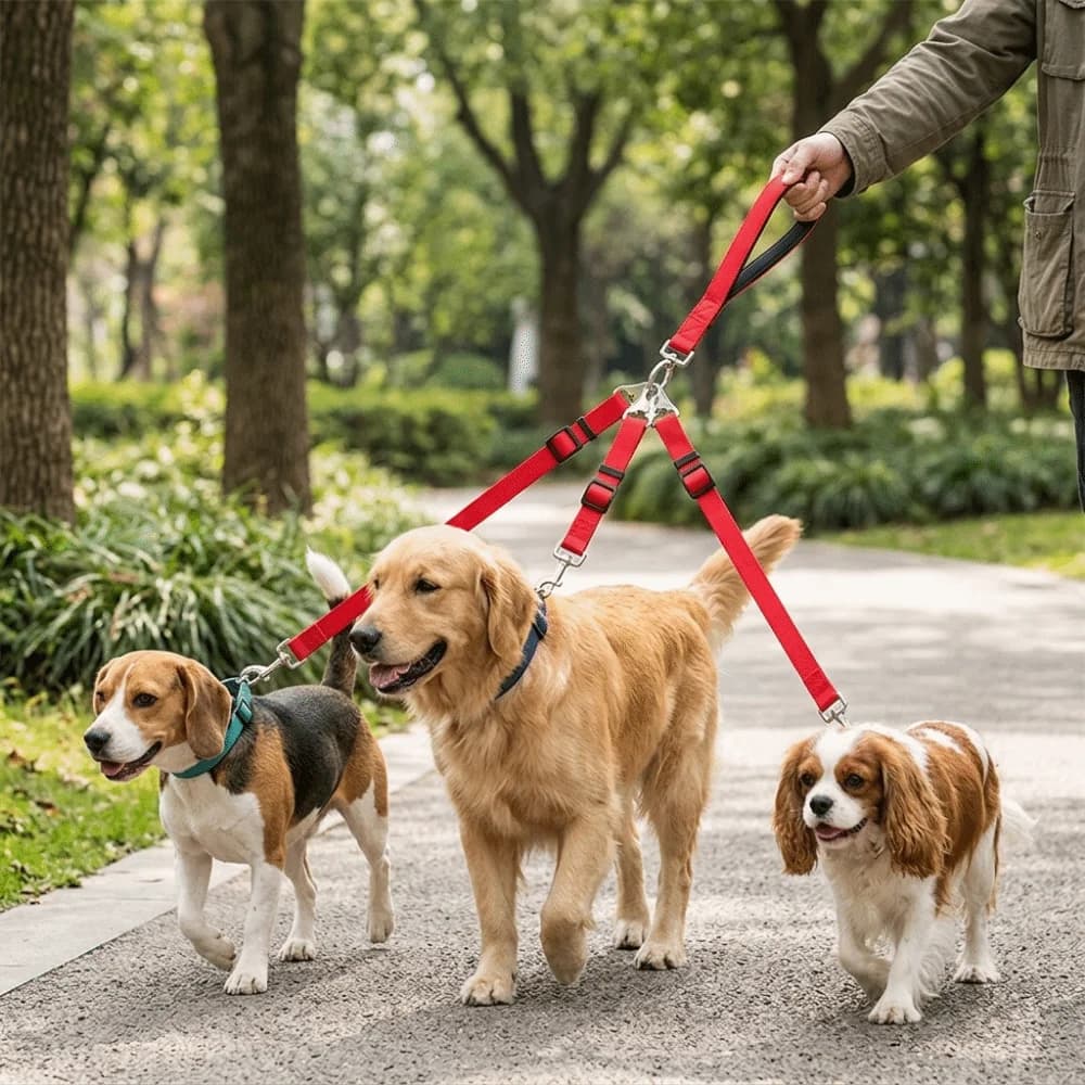 Sturdy Nylon Dog Triple Leash Red Adjustable Dog Chest Harness Set Multi-head Durable Multi Dog Walking Leash Pet Outside Trip