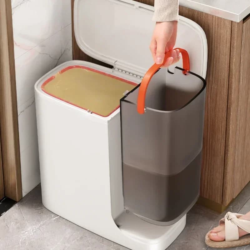 Pattumiera a doppio scomparto per la segregazione della cucina, riciclaggio del cestino della spazzatura, pattumiera, dispositivo per la spazzatura alimentare, secchio, contenitore