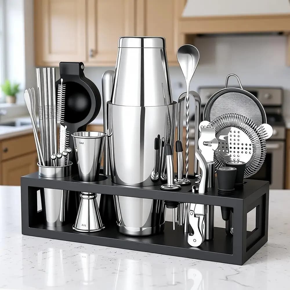 Set Shaker per Cocktail | Shaker Boston da 20/28 OZ | 31 pezzi con 39 schede ricettuali. Strumenti in Argento. Supporto Nero