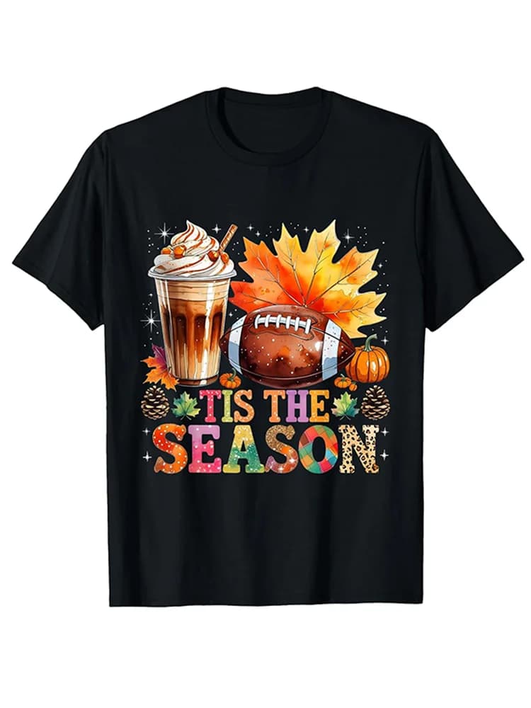Tis The Season Football Coffee Latte Fall Leaves T-shirt zucca WHX 180g