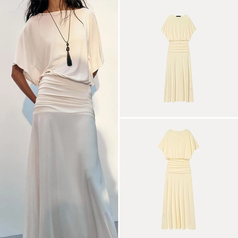 Fashionable Short Sleeve Slim Fit Dress Women's Summer New Arrival Gored Skirt Two Colors Casual Batwing Sleeve Midi Dress