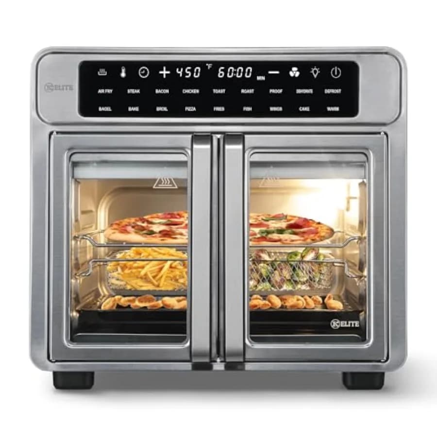 Forno a Convezione da 26 Litri con Porta alla Francese, Friggitrice ad Aria per Famiglie, da Appoggio, con Display LED, in Acciaio Inossidabile Argento, Cottura Rapida e Uniforme