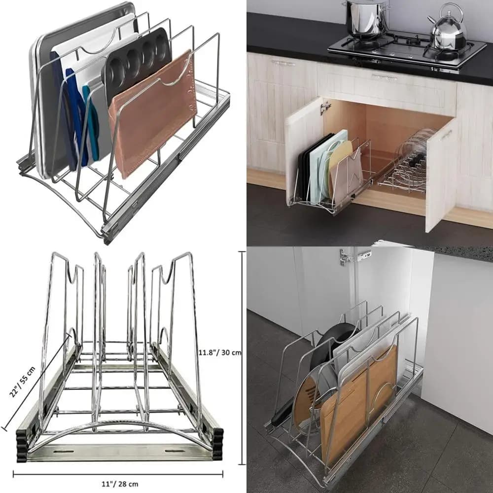 Organizers for kitchen cabinets for sheets, pans, pots, cutters and biscuits