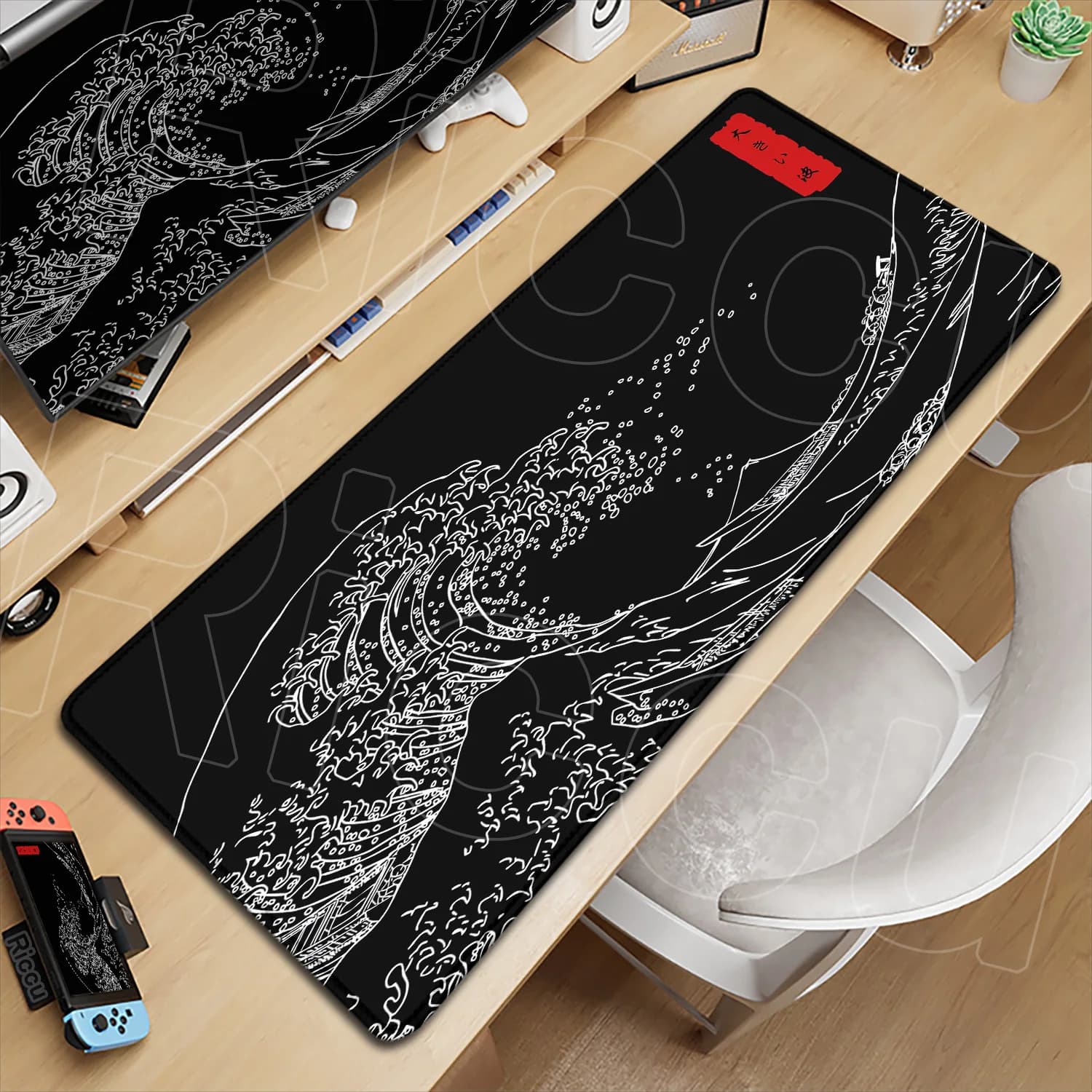 Tappetino per mouse da gioco The Great Wave Off Kanagawa Tappetino da scrivania nero 90x40 cm Tappetino per tastiera antiscivolo sul tappeto da tavolo Tappetino per mouse in gomma XXL