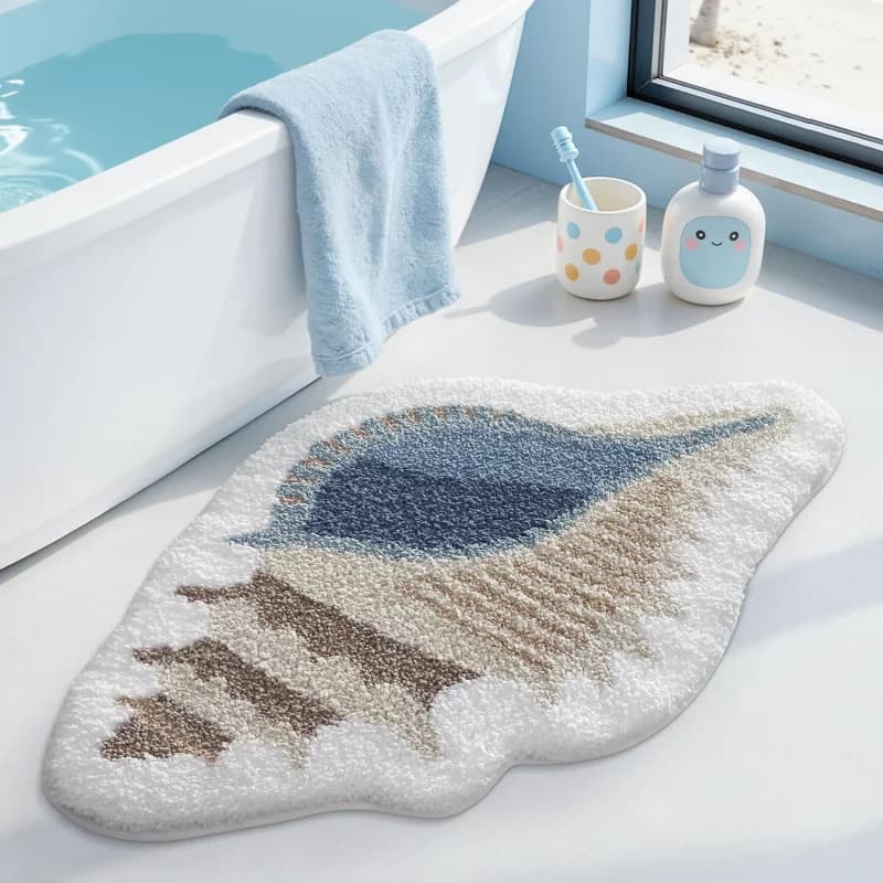 VIKAMA Irregular Conch Seashell Fluffy Bath Rug Non Slip Washable Absorbent Floor Mat Coastal Beach Bathroom Doormat Home Decor
