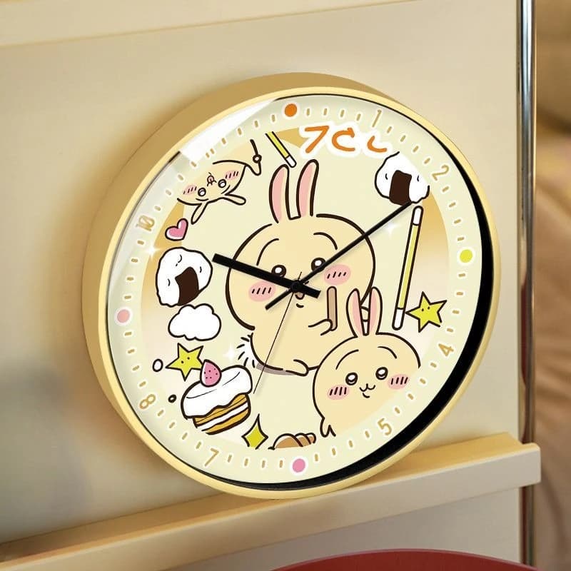 Anime Cartoon Kawaii Chiikawa Wall Clock Quartz Watch Glass Mirror Single Sided Round Battery Type Household Use Creativity Mute