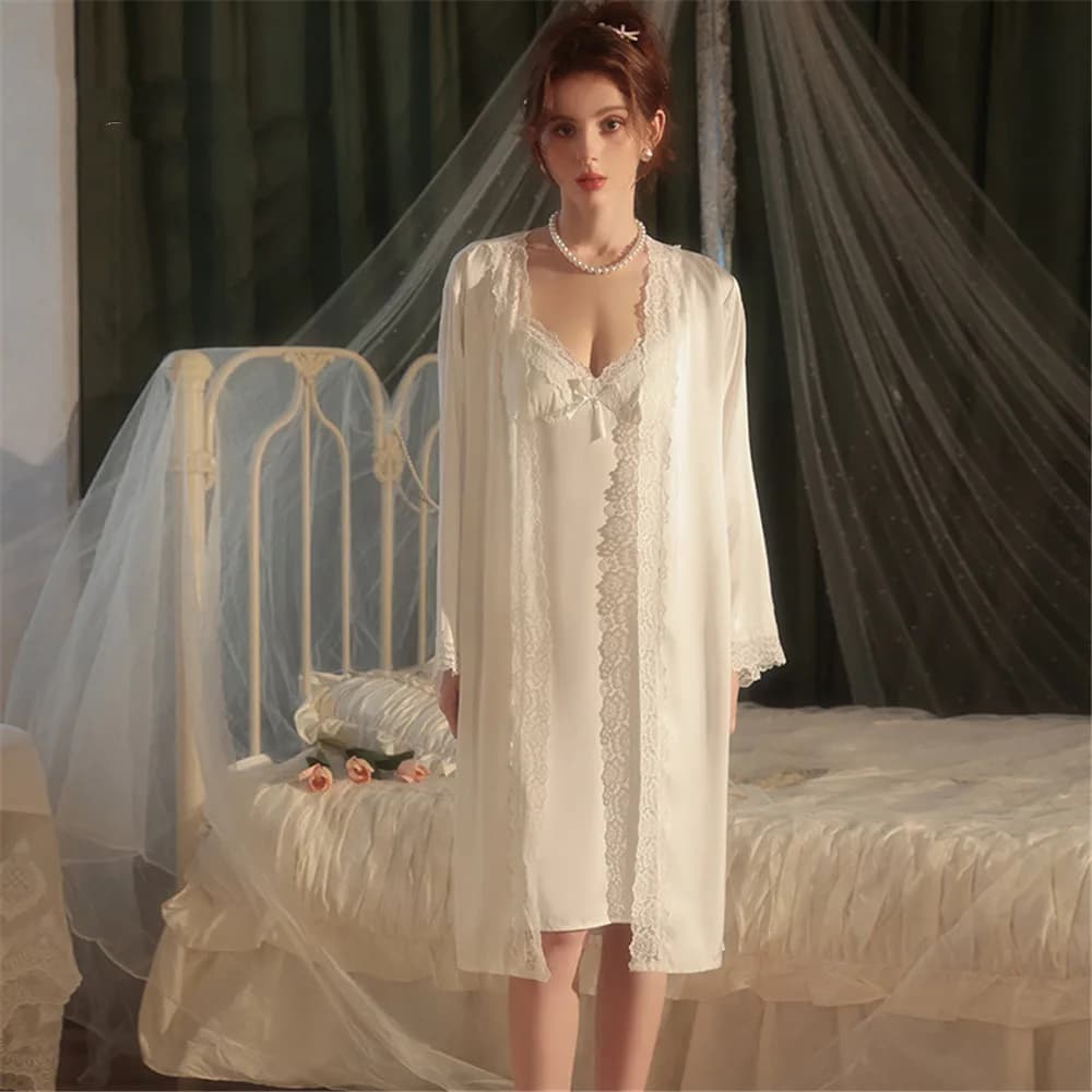 Estate Sexy Bianco Twinset Robe Set Kimono femminile Accappatoio Abito di pizzo Indumenti da notte Camicia da notte Allentato Rayon Abito da casa Abbigliamento da salotto