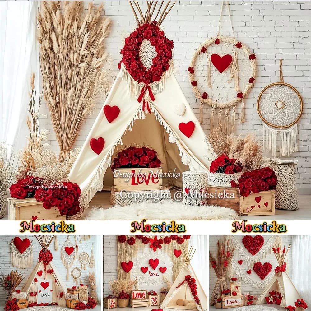 Mocsicka Valentine's Day Boho Backdrop Photography Dreamcatcher Red Heart Dried Flower Background for Photo Studio Photobooth