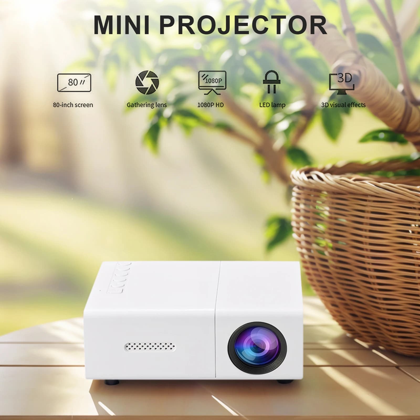 Mini Proiettore LED 1080P con Telecomando, Proiettore Video Tascabile Pico, Strumento di Proiezione Mobile Intelligente per Film all'Aperto e Campeggio