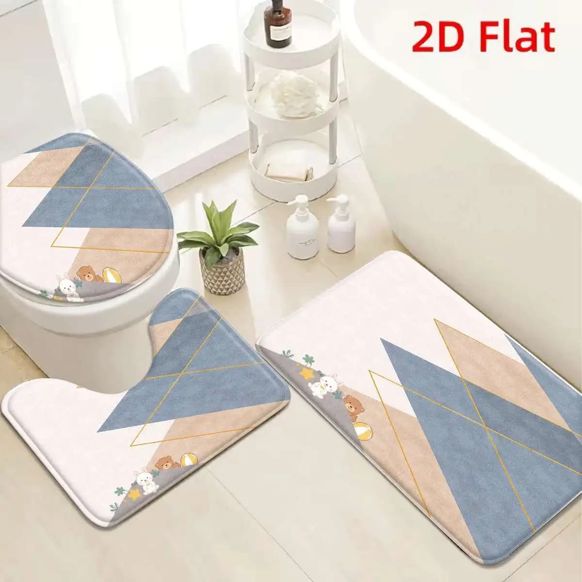 Set 3 Pezzi Tappetino da Bagno Geometrico Beige e Blu con Coniglio e Orso, Antiscivolo e Assorbente, con Copri Coperchio WC, Lavabile in Flanella