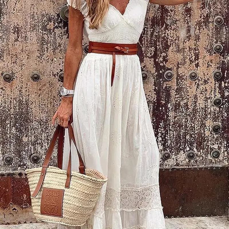 Elegante Abito Lungo con Inserti in Pizzo, Vestito Estivo a Maniche Corte con Gonna a Trapezio, Stile Semplice e di Tendenza, Bestseller