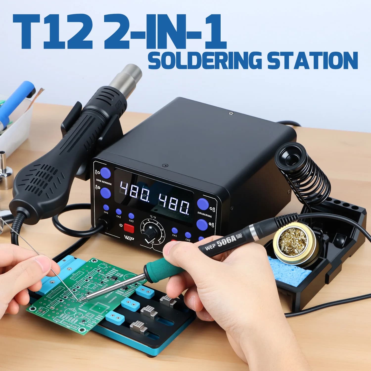 Stazione di saldatura WEP 902D-IV T12 con pistola ad aria calda, kit saldatore a riscaldamento rapido, stazione di rilavorazione per la riparazione di telefoni.