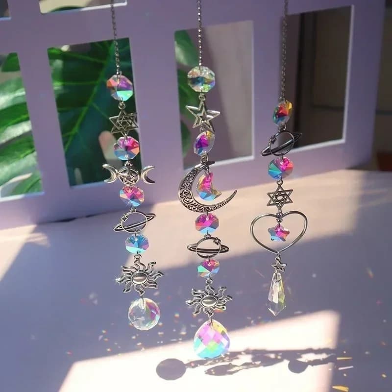 Home Decoration Crystal Wind Chime Moon Sun Catcher Diamond Prism Pendant Dream Catcher Rainbow Chaser Hanging Drop Garden Decor