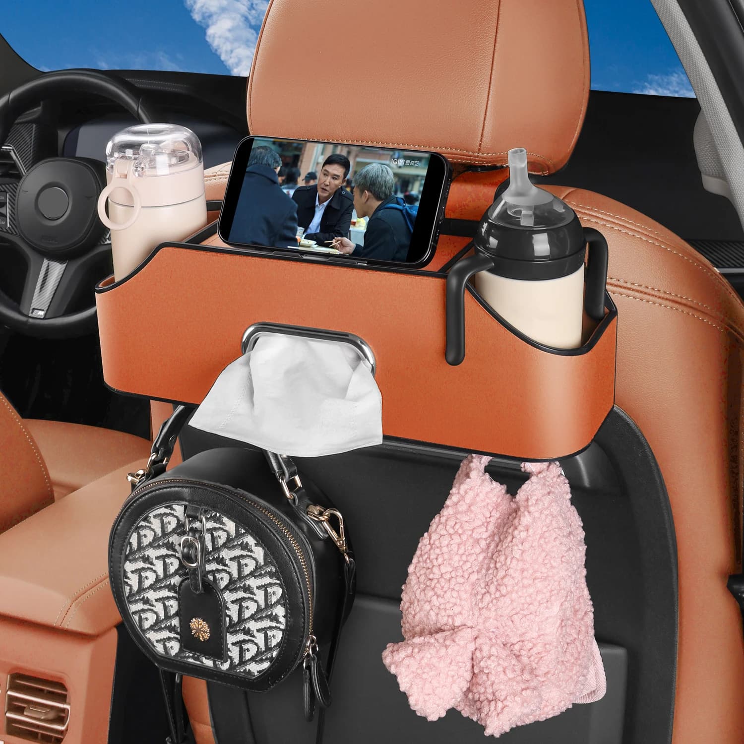 HOLDCY Car Back Seat Organizer with 2 Cup Holders, Tissue Storage, Orange Rigid ABS Frame With Pu Leather, Dual Hooks And Tool-Free Mounting For Cars, Suvs And Trucks With Separate Headrest Posts