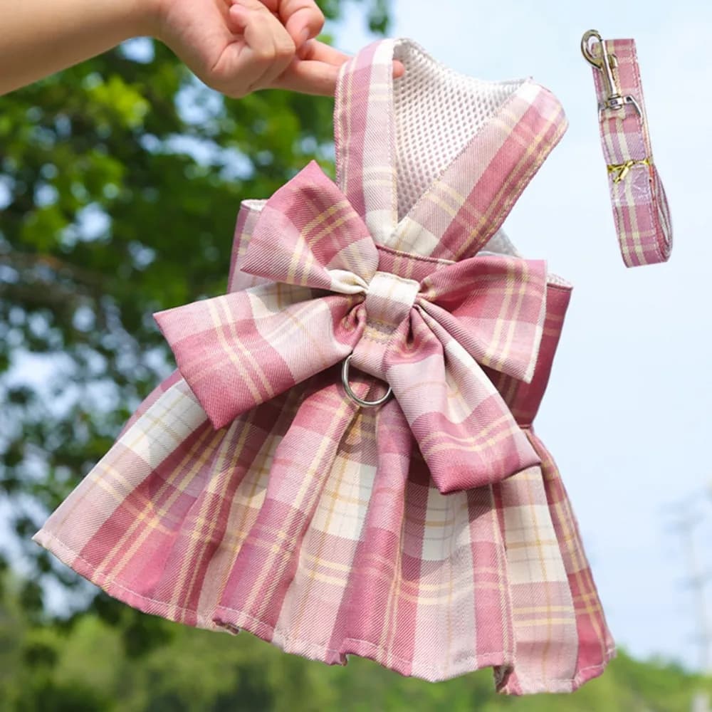 Pratico con guinzaglio Trazione per cani Plaid JK Abito Comodo gonna sottile con fiocco per cani Gonna regolabile lavabile con imbracatura per animali domestici Gatto