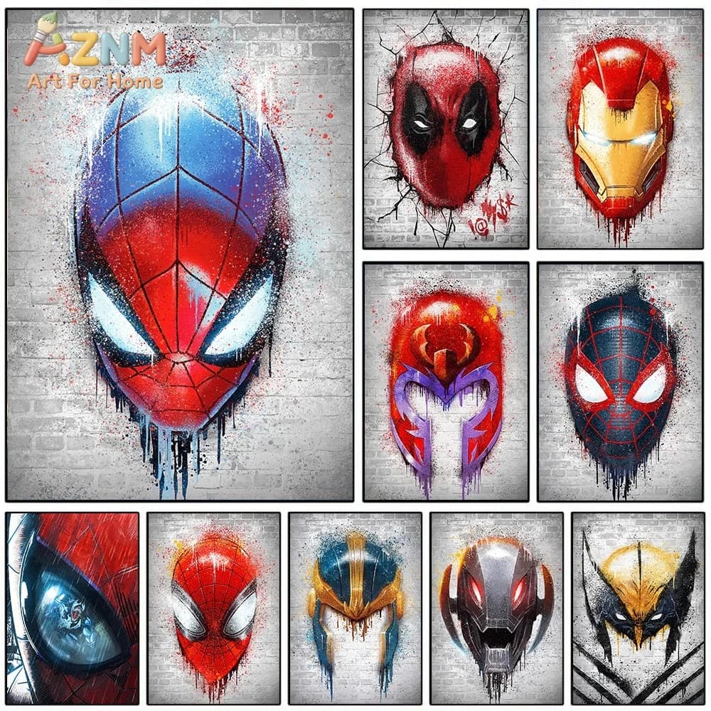 Graffiti Marvel Superhero Mask Canvas Wall Art Spider‑Man Iron Man Deadpool Wolverine Watercolor Print Poster, Frameless Wall